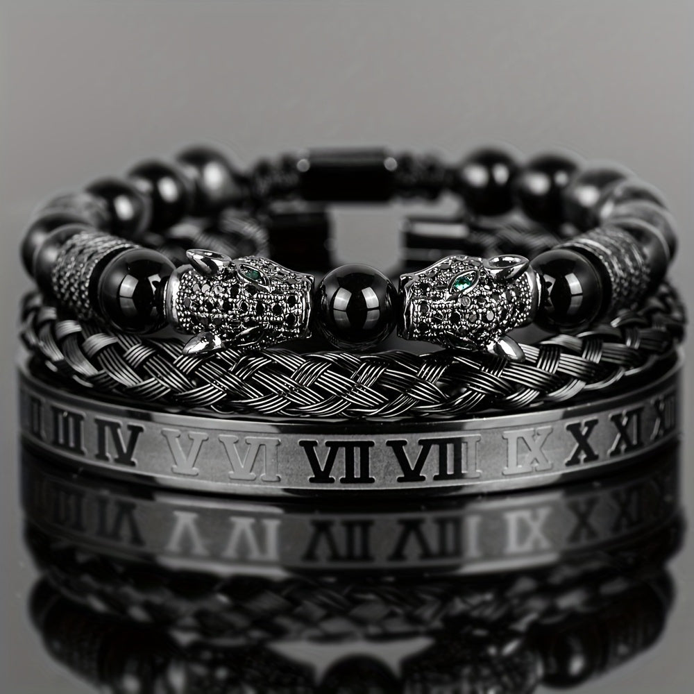 Beaded Bracelet - Leopard Head Set 3Pcs Black Agate with Double Leopard Head & Roman - product detail view 18