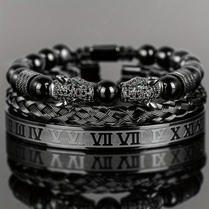 Beaded Bracelet - Leopard Head Set 3Pcs Black Agate with Double Leopard Head & Roman - product detail view 18