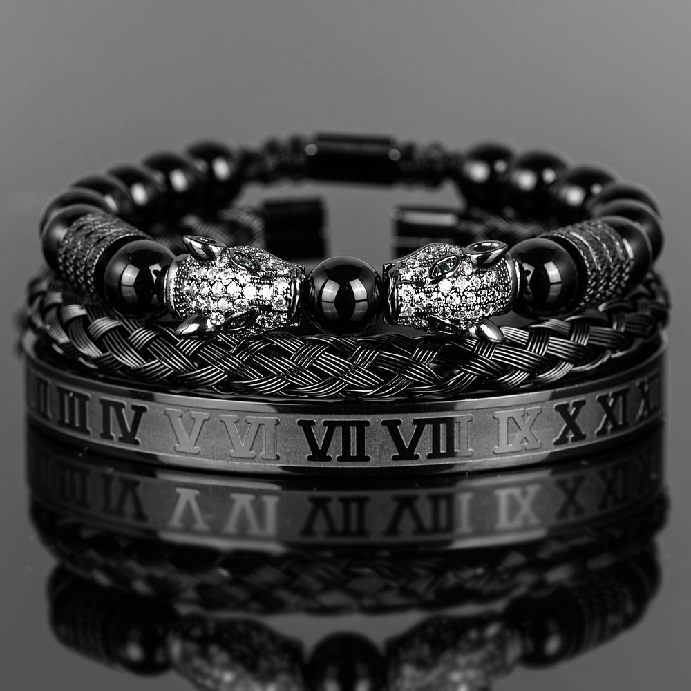 Beaded Bracelet - Leopard Head Set 3Pcs Black Agate with Double Leopard Head & Roman - product detail view 20