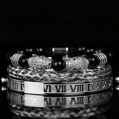 Beaded Bracelet - Leopard Head Set 3Pcs Black Agate with Double Leopard Head & Roman - product detail view 21