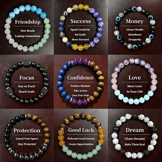Beaded Bracelet - Natural Stone Set 9pcs - 8mm Boho Layered Handcrafted with Glass Beads - main product view