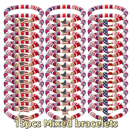 Beaded Bracelet - Patriotic Stretch Bulk Red White Blue Polymer Clay Bead Bohemian Retro - product detail view 3