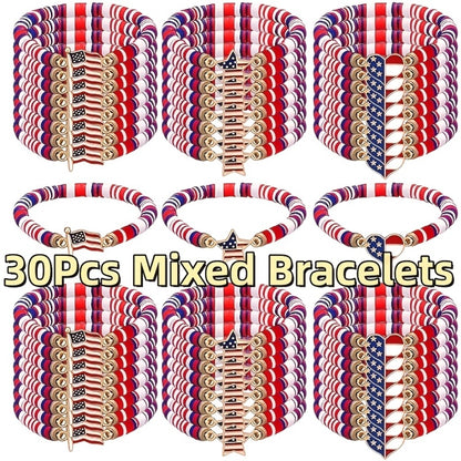 Beaded Bracelet - Patriotic Stretch Bulk Red White Blue Polymer Clay Bead Bohemian Retro - product detail view 5