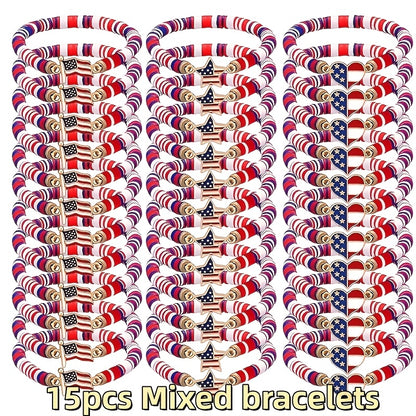 Beaded Bracelet - Patriotic Stretch Bulk Red White Blue Polymer Clay Bead Bohemian Retro - product detail view 8