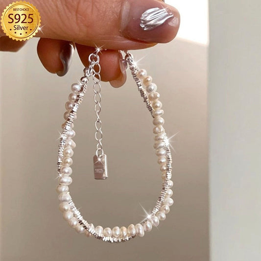 Beaded Bracelet - Pearl Strand 925 Sterling Silver Double Layer Twist Shell Pearl Women - main product view