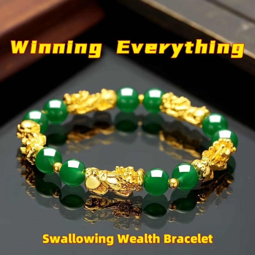 Beaded Bracelet - Pi Xiu Set of 4 Natural Green Malachite Stone 8mm Beads with Gold Accents - product detail view 4