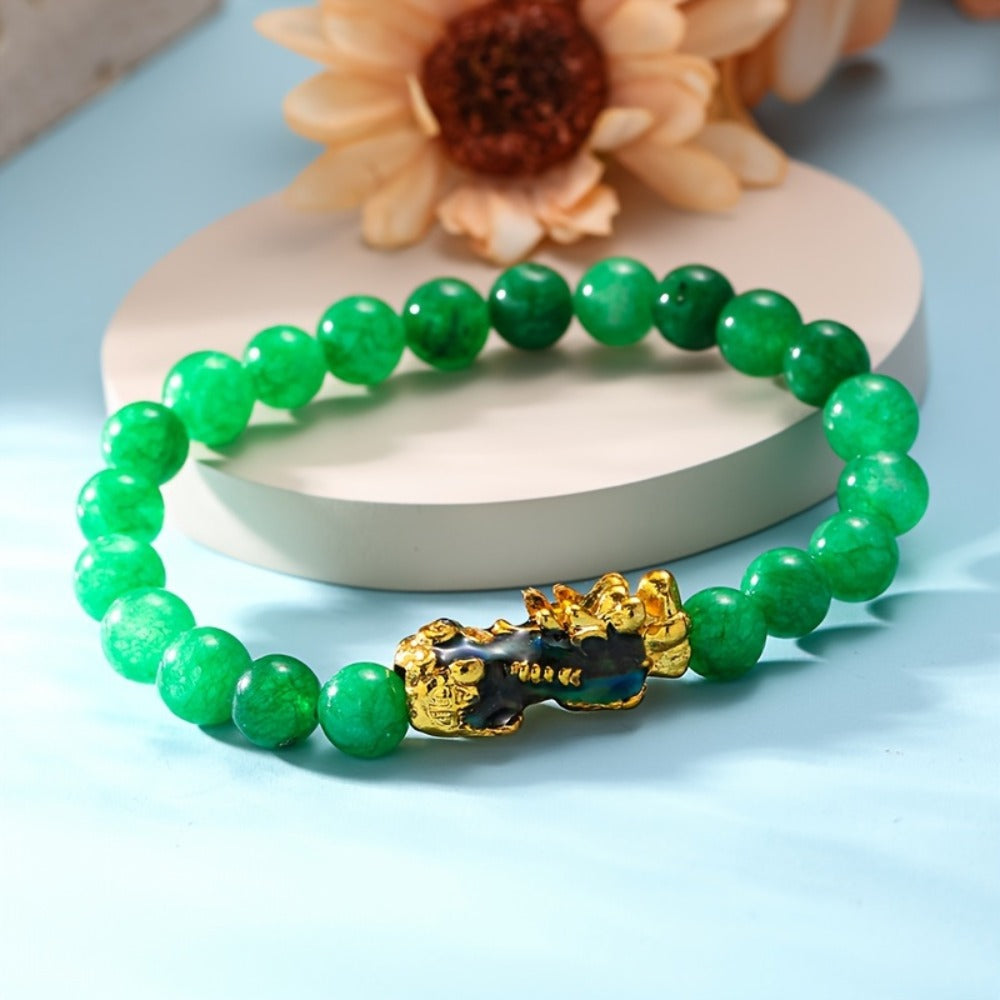 Beaded Bracelet - Pi Xiu Set of 4 Natural Green Malachite Stone 8mm Beads with Gold Accents - product detail view 9