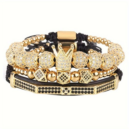 Beaded Bracelet - Men's Crown 3-Piece Set Hip Hop Prism Bead Woven Bling Gold Silver Black - main product view