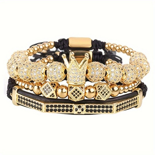 Beaded Bracelet - Men's Crown 3-Piece Set Hip Hop Prism Bead Woven Bling Gold Silver Black - main product view