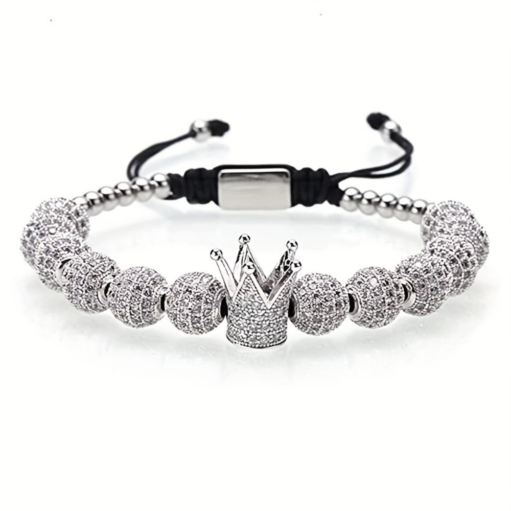 Beaded Bracelet - Men's Crown 3-Piece Set Hip Hop Prism Bead Woven Bling Gold Silver Black - product detail view 2