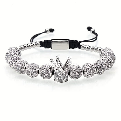 Beaded Bracelet - Men's Crown 3-Piece Set Hip Hop Prism Bead Woven Bling Gold Silver Black - product detail view 2