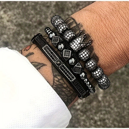 Beaded Bracelet - Men's Crown 3-Piece Set Hip Hop Prism Bead Woven Bling Gold Silver Black - product detail view 3