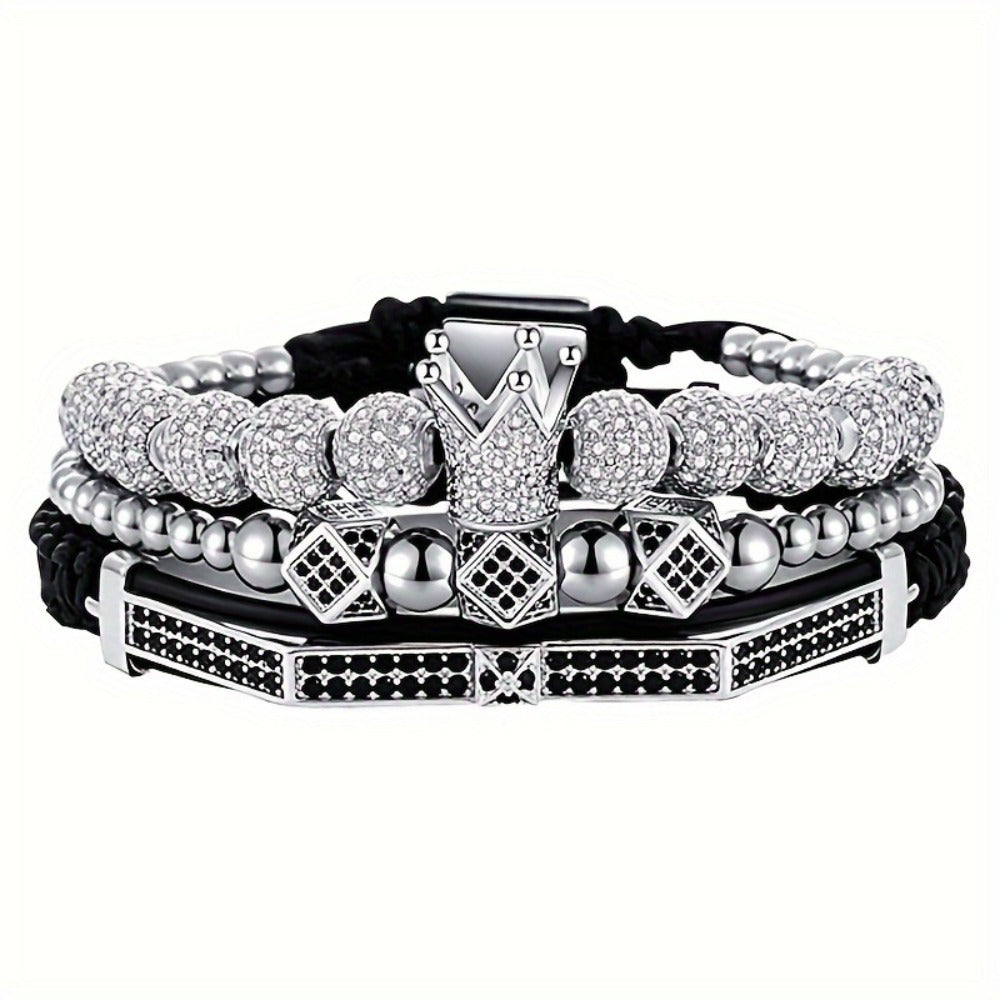 Beaded Bracelet - Men's Crown 3-Piece Set Hip Hop Prism Bead Woven Bling Gold Silver Black - product detail view 4