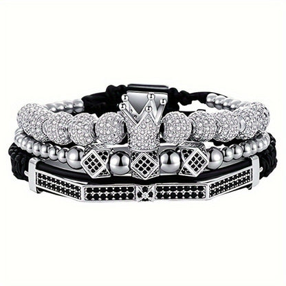 Beaded Bracelet - Men's Crown 3-Piece Set Hip Hop Prism Bead Woven Bling Gold Silver Black - product detail view 4