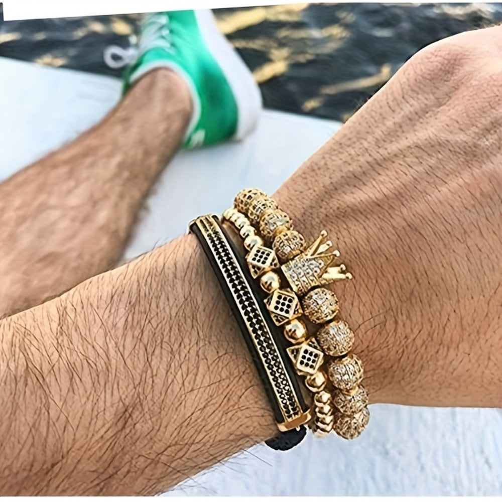 Beaded Bracelet - Men's Crown 3-Piece Set Hip Hop Prism Bead Woven Bling Gold Silver Black - product detail view 5