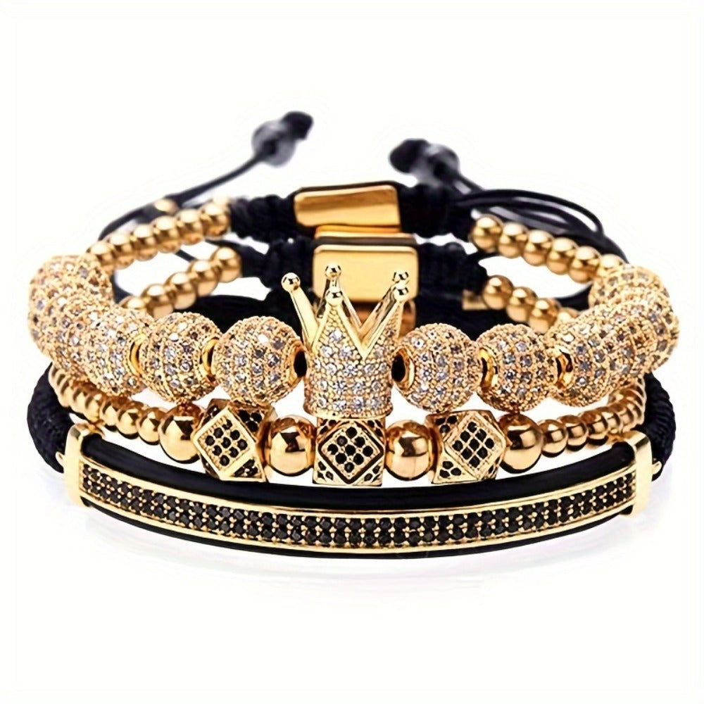 Beaded Bracelet - Men's Crown 3-Piece Set Hip Hop Prism Bead Woven Bling Gold Silver Black - product detail view 6