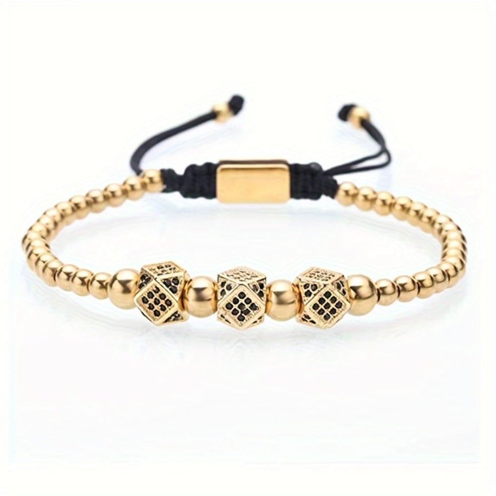 Beaded Bracelet - Men's Crown 3-Piece Set Hip Hop Prism Bead Woven Bling Gold Silver Black - product detail view 7