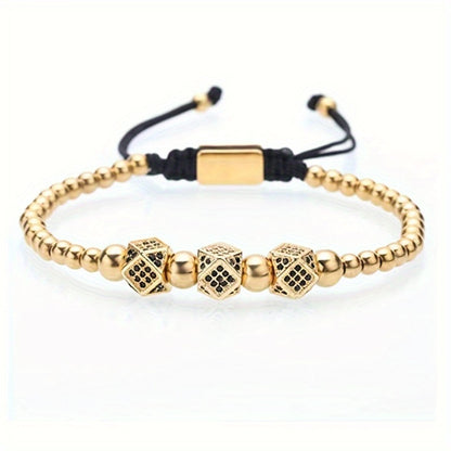 Beaded Bracelet - Men's Crown 3-Piece Set Hip Hop Prism Bead Woven Bling Gold Silver Black - product detail view 7
