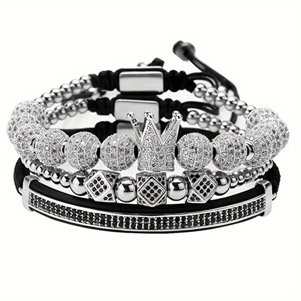 Beaded Bracelet - Men's Crown 3-Piece Set Hip Hop Prism Bead Woven Bling Gold Silver Black - product detail view 8