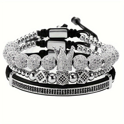 Beaded Bracelet - Men's Crown 3-Piece Set Hip Hop Prism Bead Woven Bling Gold Silver Black - product detail view 8