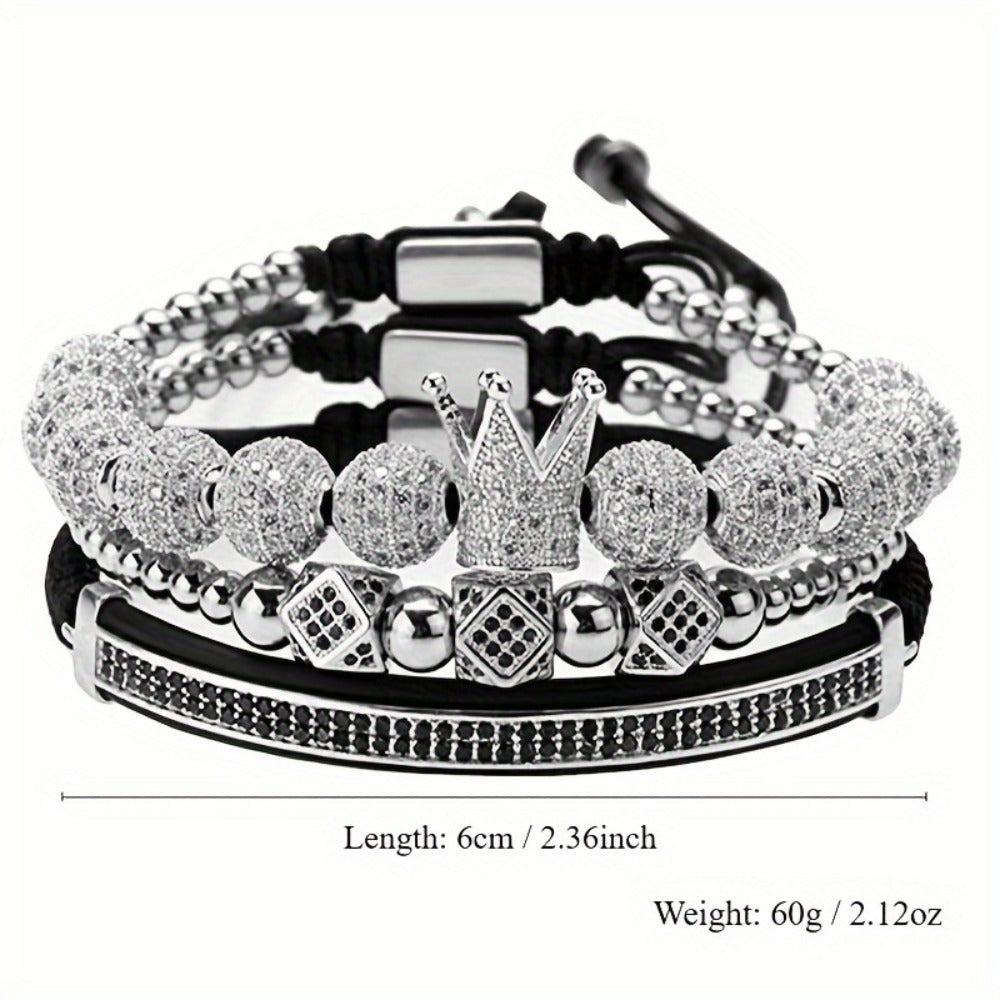 Beaded Bracelet - Men's Crown 3-Piece Set Hip Hop Prism Bead Woven Bling Gold Silver Black - product detail view 9