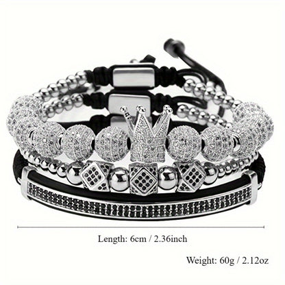 Beaded Bracelet - Men's Crown 3-Piece Set Hip Hop Prism Bead Woven Bling Gold Silver Black - product detail view 9