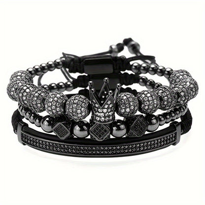 Beaded Bracelet - Men's Crown 3-Piece Set Hip Hop Prism Bead Woven Bling Gold Silver Black - product detail view 10