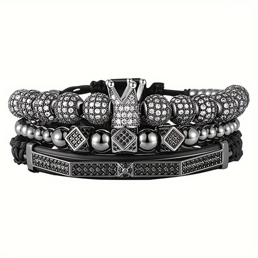 Beaded Bracelet - Men's Crown 3-Piece Set Hip Hop Prism Bead Woven Bling Gold Silver Black - product detail view 11