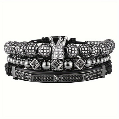 Beaded Bracelet - Men's Crown 3-Piece Set Hip Hop Prism Bead Woven Bling Gold Silver Black - product detail view 11