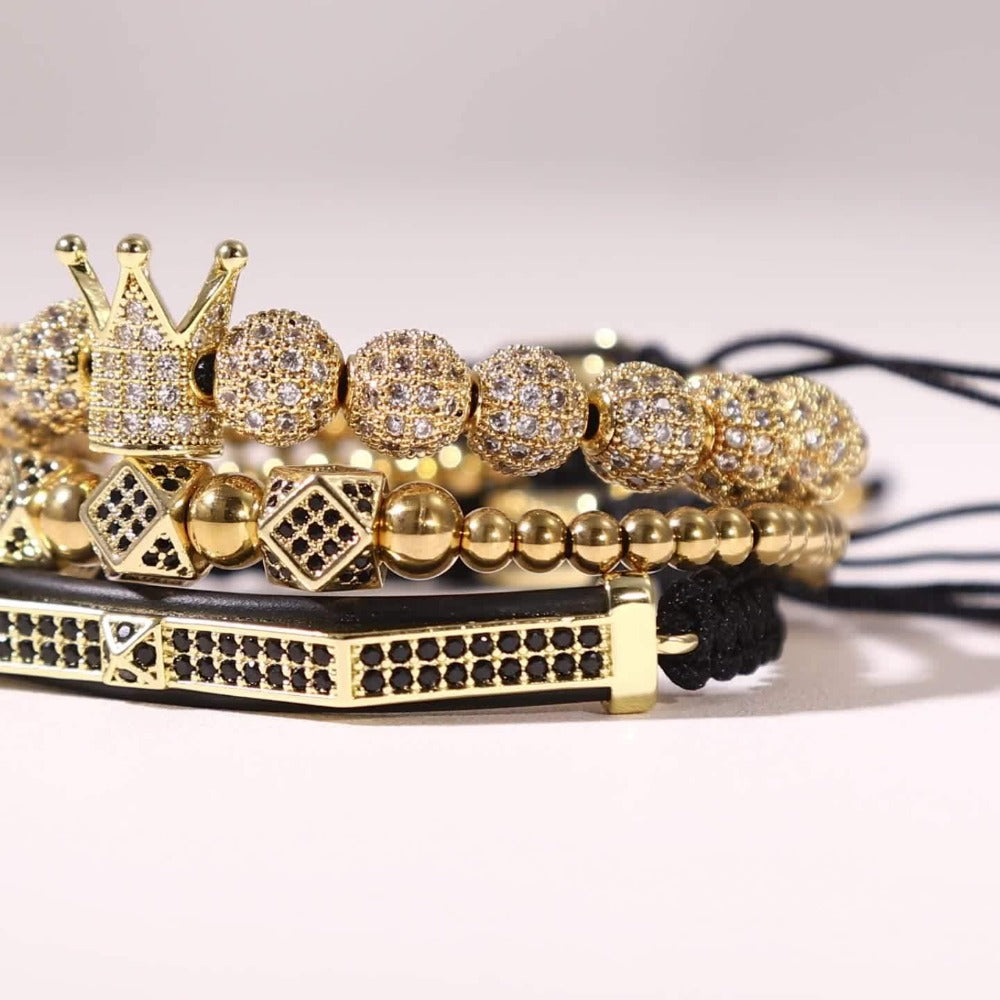 Beaded Bracelet - Men's Crown 3-Piece Set Hip Hop Prism Bead Woven Bling Gold Silver Black - product detail view 12