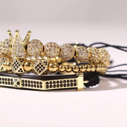 Beaded Bracelet - Men's Crown 3-Piece Set Hip Hop Prism Bead Woven Bling Gold Silver Black - product detail view 12