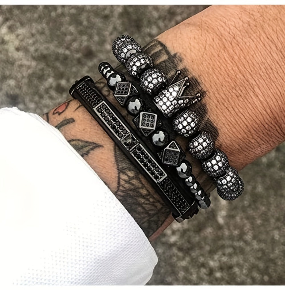 Beaded Bracelet - Men's Crown 3-Piece Set Hip Hop Prism Bead Woven Bling Gold Silver Black - product detail view 13