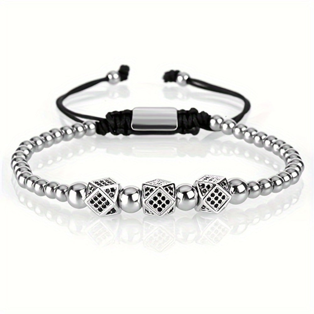 Beaded Bracelet - Men's Crown 3-Piece Set Hip Hop Prism Bead Woven Bling Gold Silver Black - product detail view 15
