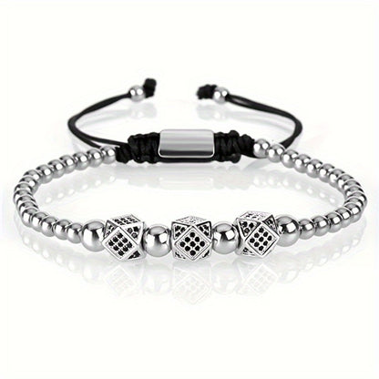 Beaded Bracelet - Men's Crown 3-Piece Set Hip Hop Prism Bead Woven Bling Gold Silver Black - product detail view 15