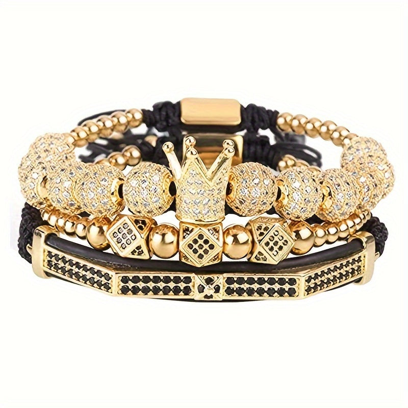 Beaded Bracelet - Men's Crown 3-Piece Set Hip Hop Prism Bead Woven Bling Gold Silver Black - product detail view 16