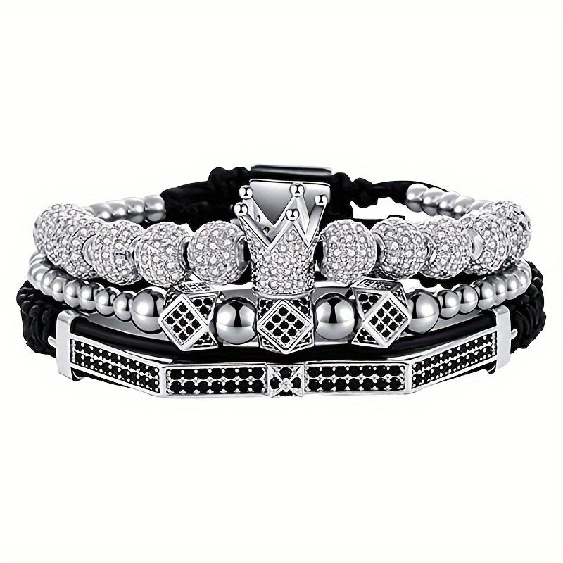 Beaded Bracelet - Men's Crown 3-Piece Set Hip Hop Prism Bead Woven Bling Gold Silver Black - product detail view 17