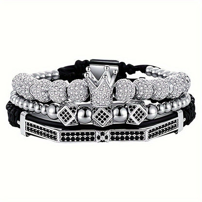 Beaded Bracelet - Men's Crown 3-Piece Set Hip Hop Prism Bead Woven Bling Gold Silver Black - product detail view 17