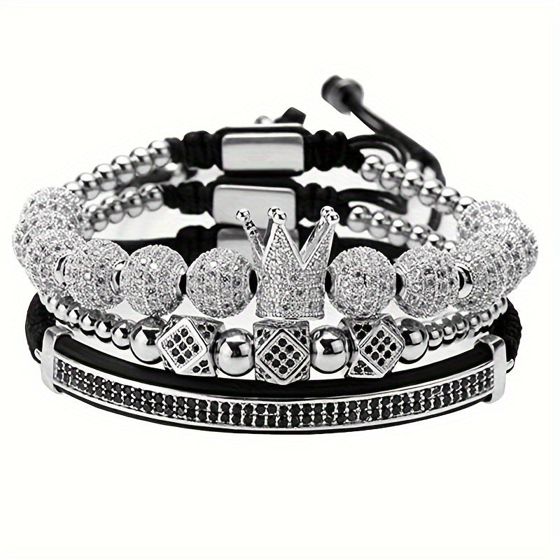 Beaded Bracelet - Men's Crown 3-Piece Set Hip Hop Prism Bead Woven Bling Gold Silver Black - product detail view 19