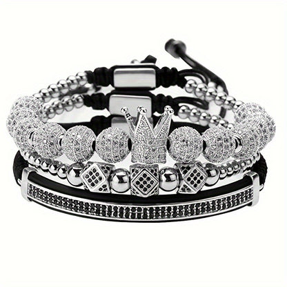 Beaded Bracelet - Men's Crown 3-Piece Set Hip Hop Prism Bead Woven Bling Gold Silver Black - product detail view 19