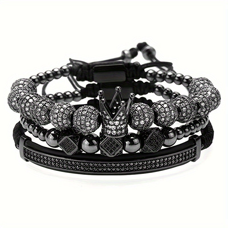 Beaded Bracelet - Men's Crown 3-Piece Set Hip Hop Prism Bead Woven Bling Gold Silver Black - product detail view 20