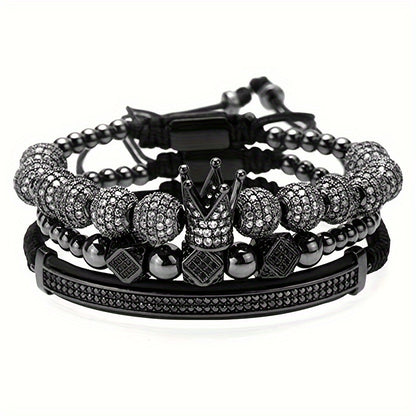 Beaded Bracelet - Men's Crown 3-Piece Set Hip Hop Prism Bead Woven Bling Gold Silver Black - product detail view 20