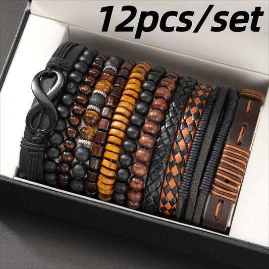 Beaded Bracelet - Men's Set 12pcs Tiger Eye Stone, Moonstone Beads & Woven Leather Rope - main product view