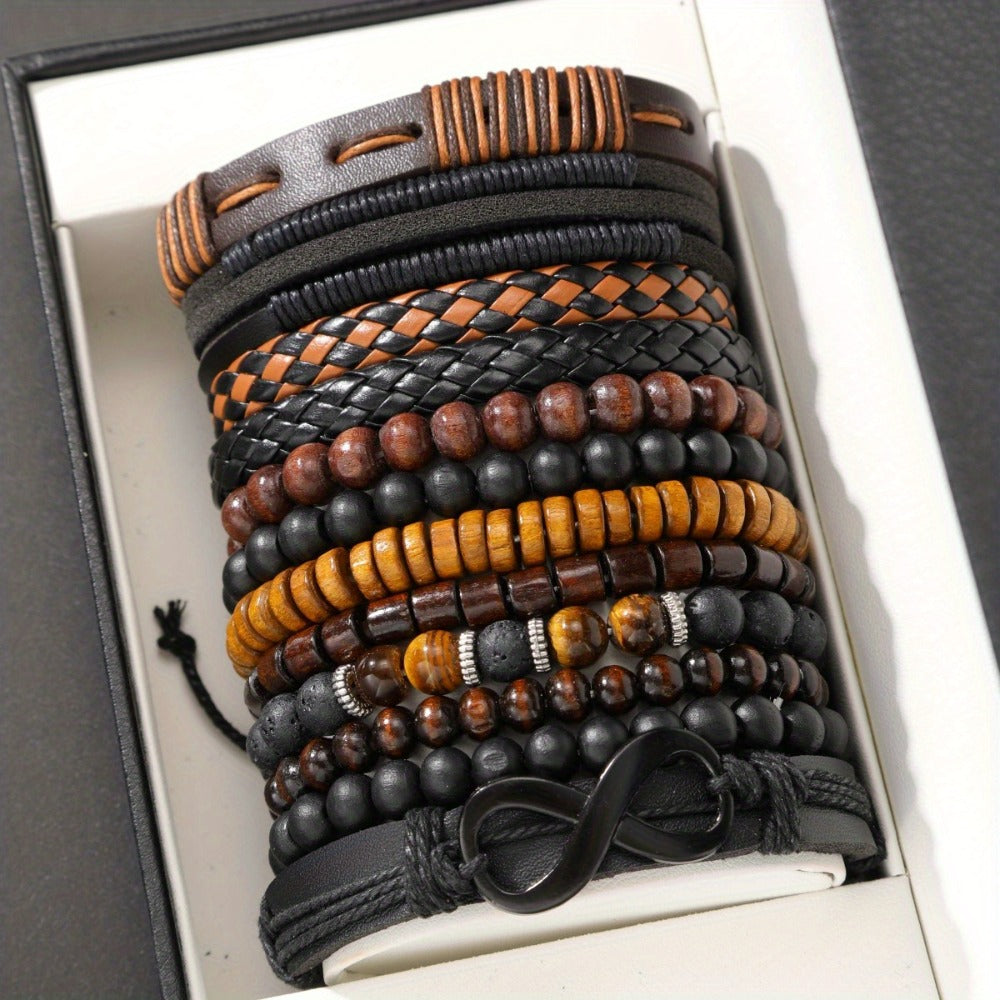 Beaded Bracelet - Men's Set 12pcs Tiger Eye Stone, Moonstone Beads & Woven Leather Rope - product detail view 2