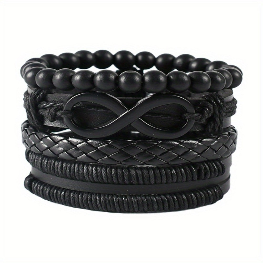 Beaded Bracelet - Men's Set 12pcs Tiger Eye Stone, Moonstone Beads & Woven Leather Rope - product detail view 8
