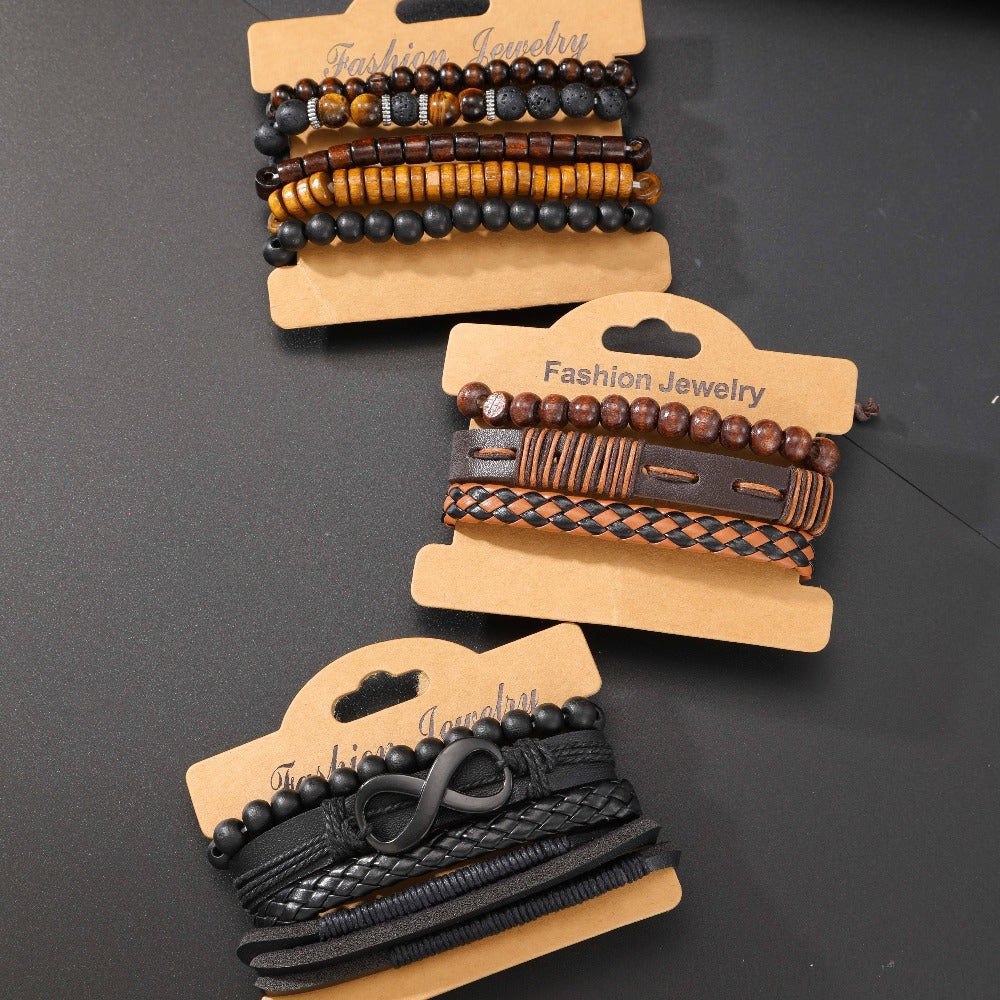 Beaded Bracelet - Men's Set 12pcs Tiger Eye Stone, Moonstone Beads & Woven Leather Rope - product detail view 14
