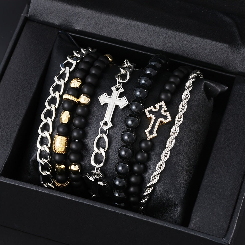 Beaded Bracelet - Men's Set 7pcs - Cross Rhinestone Chain for Men, Casual Fashion Stackable - main product view