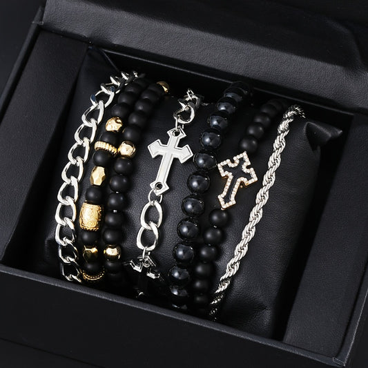 Beaded Bracelet - Men's Set 7pcs - Cross Rhinestone Chain for Men, Casual Fashion Stackable - main product view