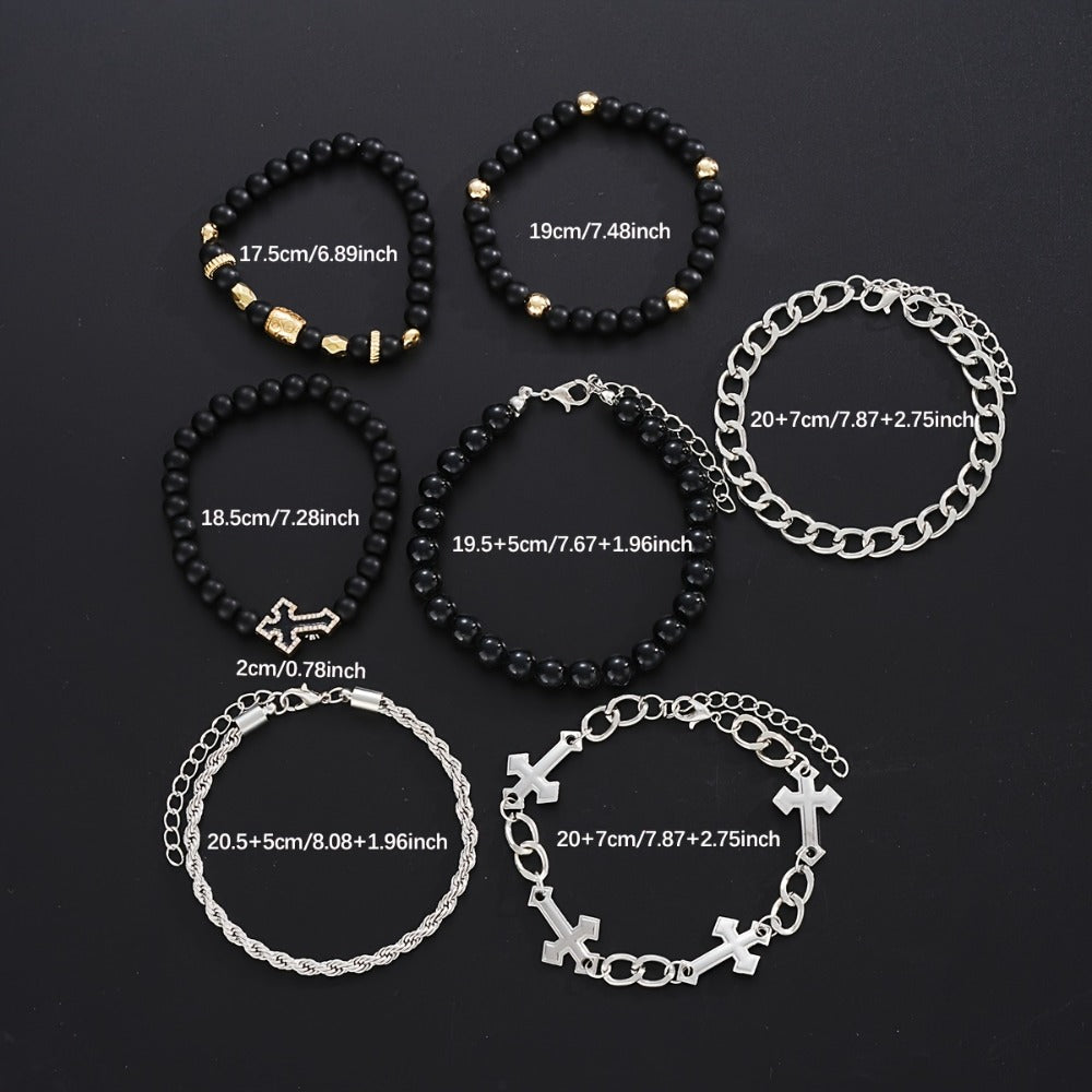 Beaded Bracelet - Men's Set 7pcs - Cross Rhinestone Chain for Men, Casual Fashion Stackable - product detail view 2