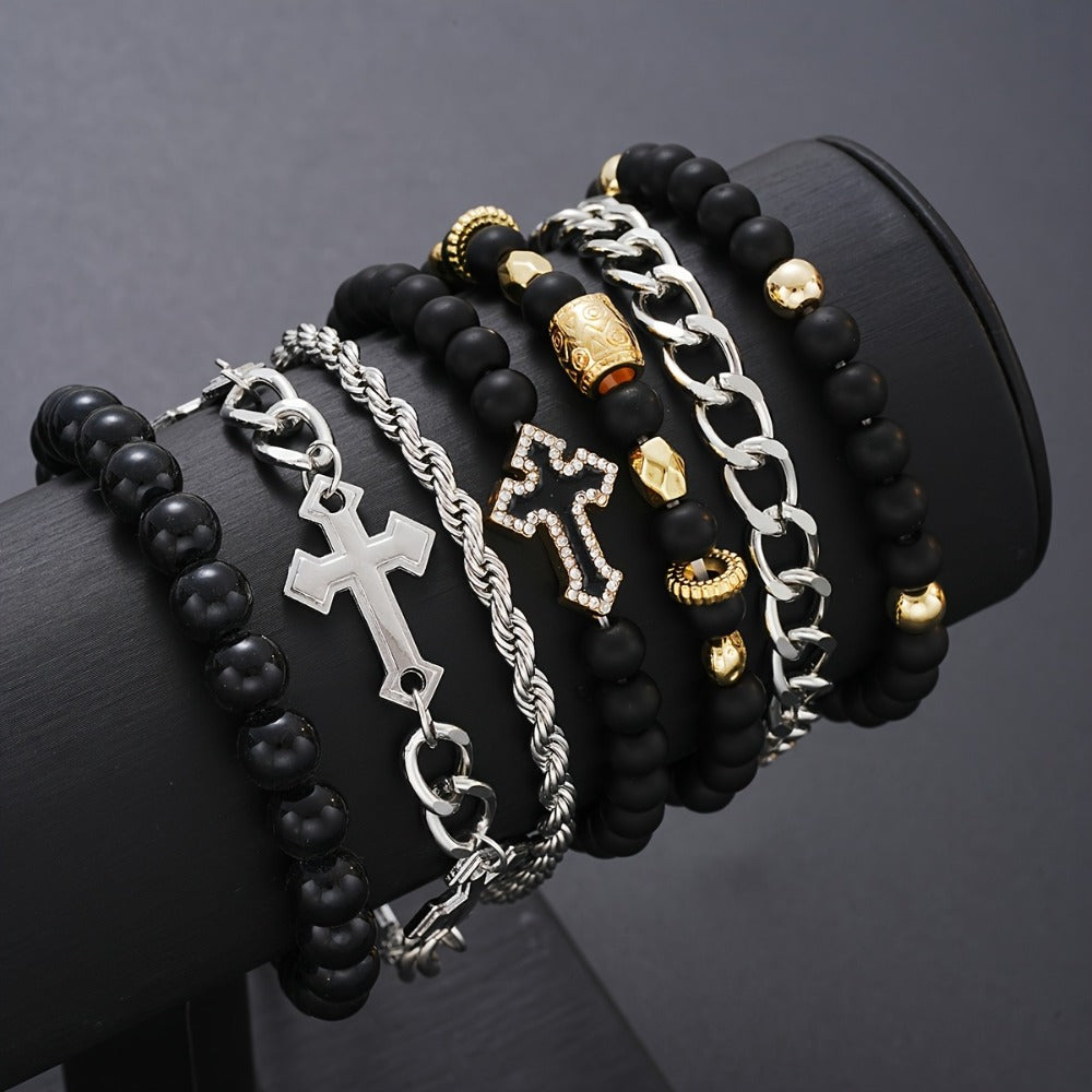 Beaded Bracelet - Men's Set 7pcs - Cross Rhinestone Chain for Men, Casual Fashion Stackable - product detail view 4