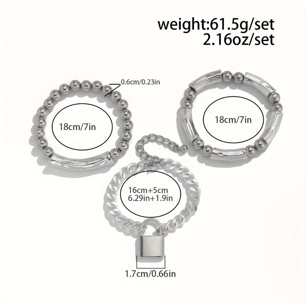 Beaded Bracelet - S925 Silver Punk Set for Women 3pcs Stackable Bangles with Lock Pendant - product detail view 2